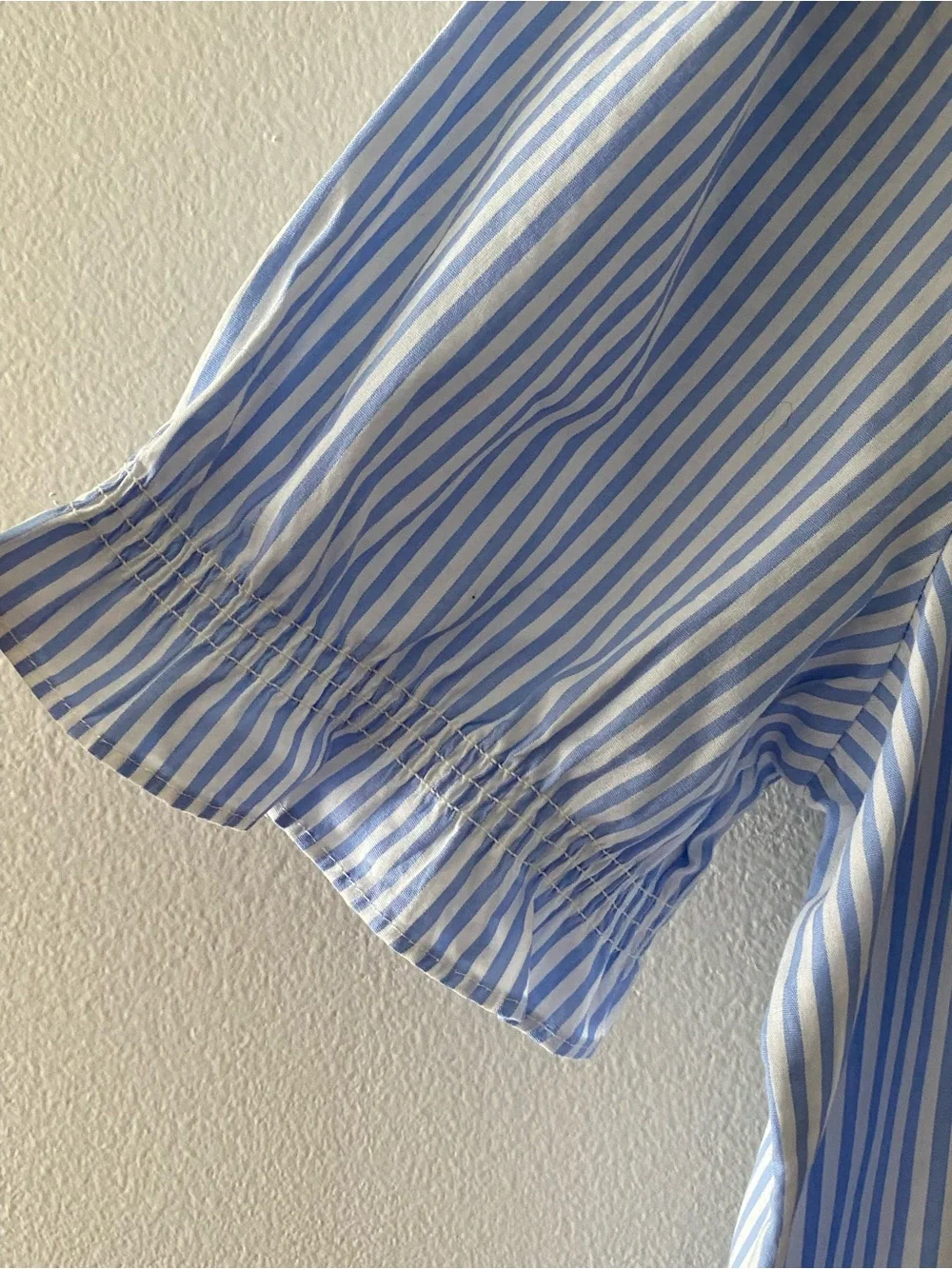 J. Crew Blue and White Striped Ruffle V-Neck Puff Sleeve Blouse